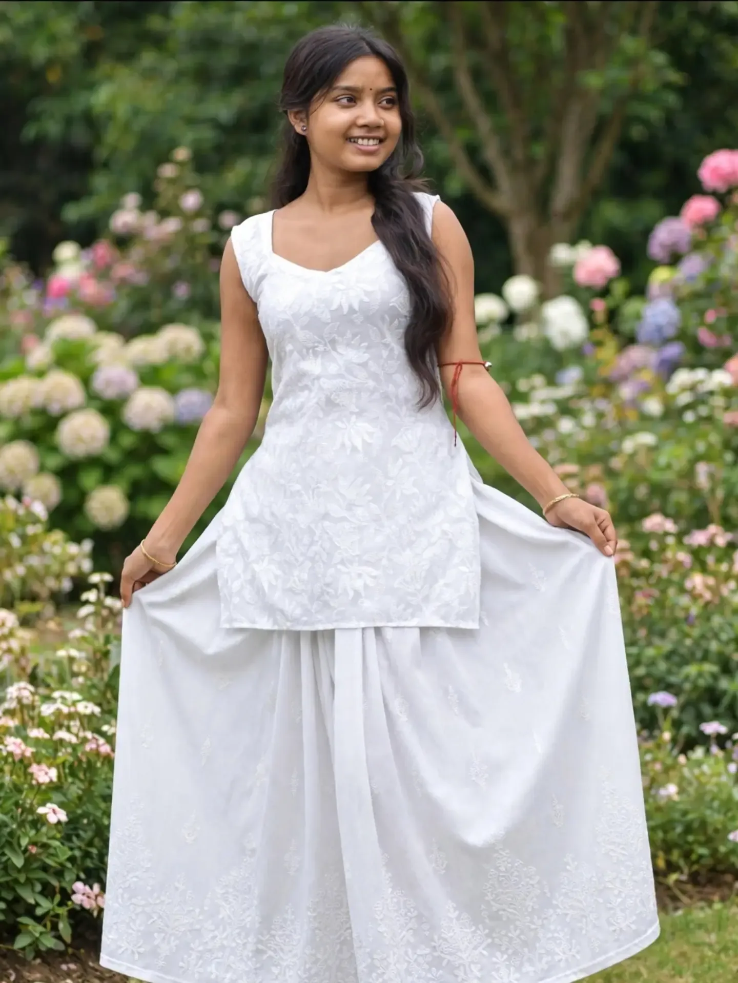 Anupama aesthetic outdoor portrait sitting cross-legged on a bench